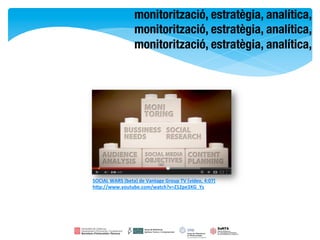 monitorització, estratègia, analítica,"
                          monitorització, estratègia, analítica,
                          monitorització, estratègia, analítica,




SOCIAL	
  WARS	
  (beta)	
  de	
  Vantage	
  Group	
  TV	
  [vídeo,	
  4:07]	
  
hXp://www.youtube.com/watch?v=Z1Zpe3XG_Ys	
  	
  
 