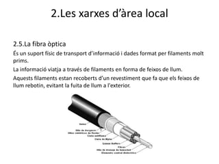 2.Les xarxes d’àrea local

2.5.La fibra òptica
És un suport físic de transport d’informació i dades format per filaments molt
prims.
La informació viatja a través de filaments en forma de feixos de llum.
Aquests filaments estan recoberts d’un revestiment que fa que els feixos de
llum rebotin, evitant la fuita de llum a l'exterior.
 
