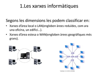 1.Les xarxes informàtiques

Segons les dimensions les podem classificar en:
• Xarxes d’àrea local o LAN(engloben àrees reduïdes, com ara
  una oficina, un edifici...).
• Xarxes d’àrea estesa o WAN(engloben àrees geogràfiques més
  grans).
 