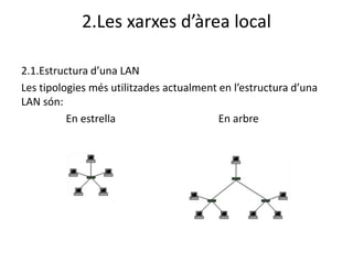 2.Les xarxes d’àrea local

2.1.Estructura d’una LAN
Les tipologies més utilitzades actualment en l’estructura d’una
LAN són:
          En estrella                     En arbre
 