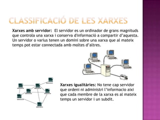 Xarxes amb servidor: El servidor es un ordinador de grans magnituds
que controla una xarxa i conserva d'informació a compartir d’aquesta.
Un servidor o varius tenen un domini sobre una xarxa que al mateix
temps pot estar connectada amb moltes d’altres.




                          Xarxes igualitàries: No tene cap servidor
                          que ordeni ni administri l’informacio aixi
                          que cada membre de la xarxa es al mateix
                          temps un servidor i un subdit.
 