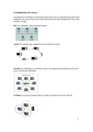 2.Arquitectura de xarxes.

L'arquitectura fa referència a l'estructura física de la xarxa, un cop interconnectat tot els
dispositius. En xarxes d'àrea local s'han utilitzat diversos tipus d'arquitectura: bus, anell,
estrella i cel·lular.

Bus: Els ordinadors surten d'un punt central.




Anell: Els ordinador que componen la xarxa formen un anell.




Estrella: Els ordinadors es connecten a traves d'un dispositiu que forma un nucli de la
xarxa. Son les mes utilitzades.




Cel·lular: La xarxa es compon d'àrees circulars. Exemple: les xarxes sense fil.




                                                                                          2
 