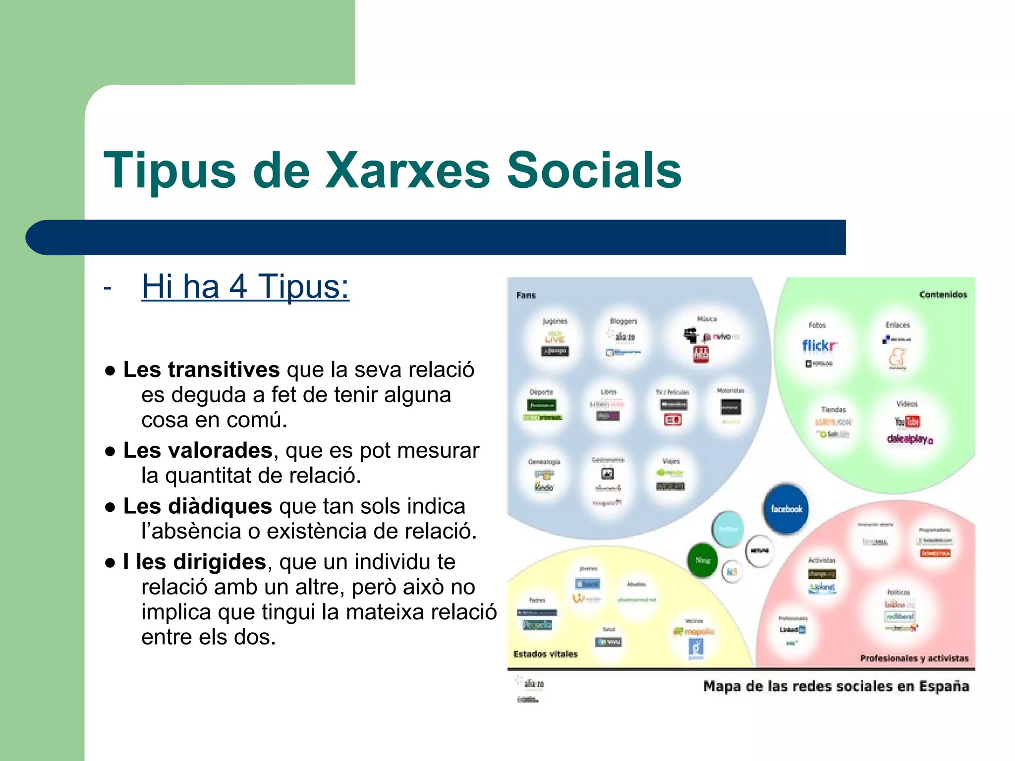 Tipus de Xarxes Socials Hi ha 4 Tipus: ●  Les transitives  que la seva relació es deguda a fet de tenir alguna cosa en comú. ●  Les valorades , que es pot mesurar la quantitat de relació. ●  Les diàdiques  que tan sols indica l’absència o existència de relació. ●  I les dirigides , que un individu te relació amb un altre, però això no implica que tingui la mateixa relació entre els dos. 