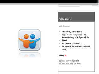 SlideShare
slideshare.net
• lloc web / xarxa social
• repositori i compartició de
PowerPoint / PDF / portafolis
• 2006
• 17 milions d’usuaris
• 68 milions de visitants únics al
mes
català X
tutorial (estudiantgrup2)
de Slide a un blog (M. Jaen)
 