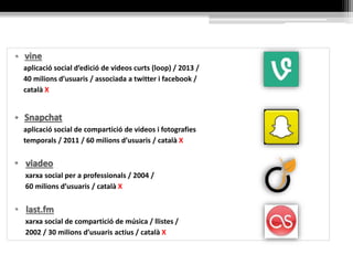 • vine
aplicació social d’edició de videos curts (loop) / 2013 /
40 milions d’usuaris / associada a twitter i facebook /
català X
aplicació social de compartició de videos i fotografies
temporals / 2011 / 60 milions d’usuaris / català X
xarxa social per a professionals / 2004 /
60 milions d’usuaris / català X
• last.fm
xarxa social de compartició de música / llistes /
2002 / 30 milions d’usuaris actius / català X
 
