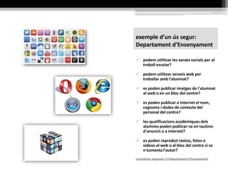 exemple d’un ús segur:
Departament d’Ensenyament
 podem utilitzar les xarxes socials per al
treball escolar?
 podem utilitzar serveis web per
treballar amb l'alumnat?
 es poden publicar imatges de l'alumnat
al web o en un bloc del centre?
 es poden publicar a Internet el nom,
cognoms i dades de contacte del
personal del centre?
 les qualificacions acadèmiques dels
alumnes poden publicar-se en taulons
d'anuncis o a internet?
 es poden reproduir textos, fotos o
vídeos al web o al bloc del centre si se
n'esmenta l'autor?
normatives seguretat 2.0 Departament d'Ensenyament
 