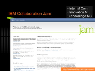 IBM Collaboration Jam
• Internal Com.
• Innovation M.
• (Knowledge M.)
http://www.collaborationjam.com/
 