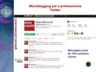 1
2
3
Microblogging per a professors/es
Twitter
Missatges curts
de 140 caràcters
màxim
 