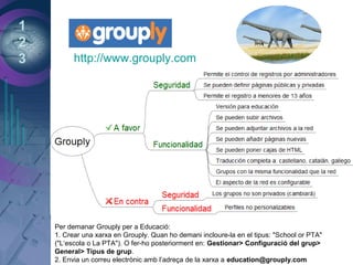 1
2
3 http://www.grouply.com
Per demanar Grouply per a Educació:
1. Crear una xarxa en Grouply. Quan ho demani incloure-la en el tipus: "School or PTA"
("L‘escola o La PTA"). O fer-ho posteriorment en: Gestionar> Configuració del grup>
General> Tipus de grup.
2. Envia un correu electrònic amb l’adreça de la xarxa a education@grouply.com
 