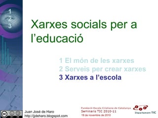 1
2
3 Xarxes socials per a
l’educació
1 El món de les xarxes
2 Serveis per crear xarxes
3 Xarxes a l’escola
Juan José de Haro
http://jjdeharo.blogspot.com 18 de novembre de 2010
 