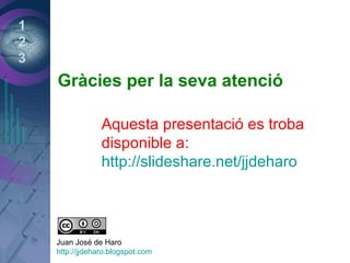 1
2
3
Gràcies per la seva atenció
Aquesta presentació es troba
disponible a:
http://slideshare.net/jjdeharo
Juan José de Haro
http://jjdeharo.blogspot.com
 