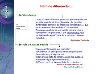 1
2
3
Serveis de xarxes socials
Xarxes socials
Hem de diferenciar...
Sistemes informàtics que permeten:
1) Construir un perfil públic o bé semipúblic dins
d’un sistema que sigui tancat.
2) Crear una llista de persones amb les quals es
mantenen algun tipus de connexió.
3) Veure i recórrer la seva llista de contactes.
Modificat de Boyd & Ellison, 2007
http://bit.ly/BoydEllison
Una xarxa social és una estructura social creada per
les relacions de tot tipus (d’amistat, de parentiu,
d’interessos comuns, de creences compartides...) que
es donen entre els membres d’una societat.
Aquesta estructura es representa per uns nodes,
normalment les persones, i uns nexes d’unió, que
simbolitzen la relació establerta entre els diferents
individus.
Modificat de Viquipèdia
Es
construeixen
sobre
 