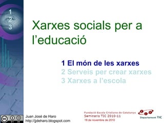1
2
3 Xarxes socials per a
l’educació
1 El món de les xarxes
2 Serveis per crear xarxes
3 Xarxes a l’escola
Juan José de Haro
http://jjdeharo.blogspot.com 18 de novembre de 2010
 