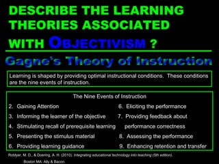 Gagne's Theory of Instruction The Nine Events of Instruction Gaining Attention  6.  Eliciting the performance Informing the learner of the objective  7.  Providing feedback about  Stimulating recall of prerequisite learning  performance correctness Presenting the stimulus material  8.  Assessing the performance Providing learning guidance  9.  Enhancing retention and transfer Learning is shaped by providing optimal instructional conditions.  These conditions are the nine events of instruction. Roblyer, M. D., & Doering, A. H. (2010).  Integrating educational technology into teaching (5th edition) .  Boston MA: Ally & Bacon. DESCRIBE THE LEARNING THEORIES ASSOCIATED WITH  O BJECTIVISM  ? 