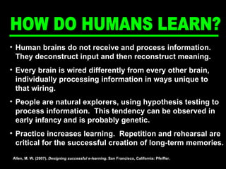 Human brains do not receive and process information.  They deconstruct input and then reconstruct meaning. Every brain is wired differently from every other brain, individually processing information in ways unique to that wiring. People are natural explorers, using hypothesis testing to process information.  This tendency can be observed in early infancy and is probably genetic. Practice increases learning.  Repetition and rehearsal are critical for the successful creation of long-term memories. Allen, M. W. (2007).  Designing successful e-learning . San Francisco, California: Pfeiffer. HOW DO HUMANS LEARN? 