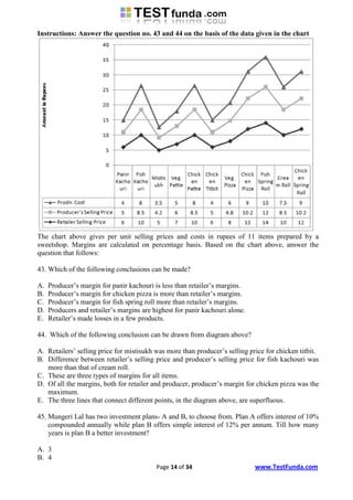 Instructions: Answer the question no. 43 and 44 on the basis of the data given in the chart




The chart above gives per unit selling prices and costs in rupees of 11 items prepared by a
sweetshop. Margins are calculated on percentage basis. Based on the chart above, answer the
question that follows:

43. Which of the following conclusions can be made?

A.   Producer‟s margin for panir kachouri is less than retailer‟s margins.
B.   Producer‟s margin for chicken pizza is more than retailer‟s margins.
C.   Producer‟s margin for fish spring roll more than retailer‟s margins.
D.   Producers and retailer‟s margins are highest for panir kachouri alone.
E.   Retailer‟s made losses in a few products.

44. Which of the following conclusion can be drawn from diagram above?

A. Retailers‟ selling price for mistisukh was more than producer‟s selling price for chicken titbit.
B. Difference between retailer‟s selling price and producer‟s selling price for fish kachouri was
   more than that of cream roll.
C. These are three types of margins for all items.
D. Of all the margins, both for retailer and producer, producer‟s margin for chicken pizza was the
   maximum.
E. The three lines that connect different points, in the diagram above, are superfluous.

45. Mungeri Lal has two investment plans- A and B, to choose from. Plan A offers interest of 10%
    compounded annually while plan B offers simple interest of 12% per annum. Till how many
    years is plan B a better investment?

A. 3
B. 4
                                           Page 14 of 34                      www.TestFunda.com
 