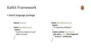 Xatkit Framework
• Intent language package
Library Example
intent OpenNewIssue {
inputs {
‘’I want to create an issue’’
‘’...