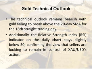 Gold Technical Outlook
• The technical outlook remains bearish with
gold failing to break above the 20-day SMA for
the 18th straight trading day.
• Additionally, the Relative Strength Index (RSI)
indicator on the daily chart stays slightly
below 50, confirming the view that sellers are
looking to remain in control of XAU/USD's
action.
 