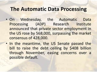 The Automatic Data Processing
• On Wednesday, the Automatic Data
Processing (ADP) Research Institute
announced that private sector employment in
the US rose by 568,000, surpassing the market
consensus of 428,000.
• In the meantime, the US Senate passed the
bill to raise the debt ceiling by $408 billion
through November, easing concerns over a
possible default.
 
