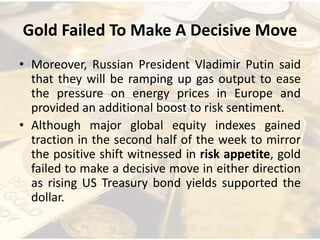 Gold Failed To Make A Decisive Move
• Moreover, Russian President Vladimir Putin said
that they will be ramping up gas output to ease
the pressure on energy prices in Europe and
provided an additional boost to risk sentiment.
• Although major global equity indexes gained
traction in the second half of the week to mirror
the positive shift witnessed in risk appetite, gold
failed to make a decisive move in either direction
as rising US Treasury bond yields supported the
dollar.
 