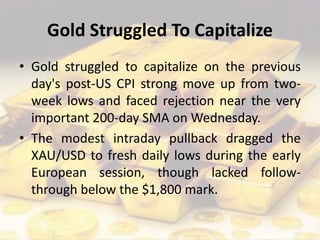 Gold Struggled To Capitalize
• Gold struggled to capitalize on the previous
day's post-US CPI strong move up from two-
week lows and faced rejection near the very
important 200-day SMA on Wednesday.
• The modest intraday pullback dragged the
XAU/USD to fresh daily lows during the early
European session, though lacked follow-
through below the $1,800 mark.
 