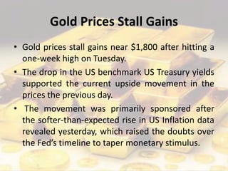 Gold Prices Stall Gains
• Gold prices stall gains near $1,800 after hitting a
one-week high on Tuesday.
• The drop in the US benchmark US Treasury yields
supported the current upside movement in the
prices the previous day.
• The movement was primarily sponsored after
the softer-than-expected rise in US Inflation data
revealed yesterday, which raised the doubts over
the Fed’s timeline to taper monetary stimulus.
 