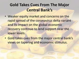 Gold Takes Cues From The Major
Central Bank’s
• Weaker equity market and concerns on the
rapid spread of the coronavirus delta variant
and its impact on the global economic
recovery continue to lend support near the
lower levels.
• Gold takes cues from the major central bank’s
views on tapering and economic stimulus.
 