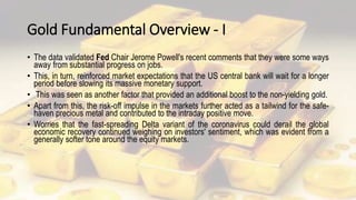 Gold Fundamental Overview - I
• The data validated Fed Chair Jerome Powell's recent comments that they were some ways
away from substantial progress on jobs.
• This, in turn, reinforced market expectations that the US central bank will wait for a longer
period before slowing its massive monetary support.
• This was seen as another factor that provided an additional boost to the non-yielding gold.
• Apart from this, the risk-off impulse in the markets further acted as a tailwind for the safe-
haven precious metal and contributed to the intraday positive move.
• Worries that the fast-spreading Delta variant of the coronavirus could derail the global
economic recovery continued weighing on investors' sentiment, which was evident from a
generally softer tone around the equity markets.
 