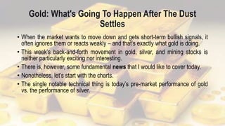 Gold: What's Going To Happen After The Dust
Settles
• When the market wants to move down and gets short-term bullish signals, it
often ignores them or reacts weakly – and that’s exactly what gold is doing.
• This week’s back-and-forth movement in gold, silver, and mining stocks is
neither particularly exciting nor interesting.
• There is, however, some fundamental news that I would like to cover today.
• Nonetheless, let’s start with the charts.
• The single notable technical thing is today’s pre-market performance of gold
vs. the performance of silver.
 