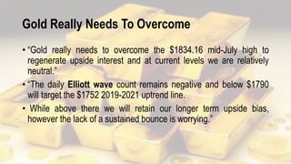 Gold Really Needs To Overcome
• “Gold really needs to overcome the $1834.16 mid-July high to
regenerate upside interest and at current levels we are relatively
neutral.”
• “The daily Elliott wave count remains negative and below $1790
will target the $1752 2019-2021 uptrend line.
• While above there we will retain our longer term upside bias,
however the lack of a sustained bounce is worrying.”
 