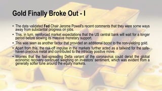 Gold Finally Broke Out - I
• The data validated Fed Chair Jerome Powell's recent comments that they were some ways
away from substantial progress on jobs.
• This, in turn, reinforced market expectations that the US central bank will wait for a longer
period before slowing its massive monetary support.
• This was seen as another factor that provided an additional boost to the non-yielding gold.
• Apart from this, the risk-off impulse in the markets further acted as a tailwind for the safe-
haven precious metal and contributed to the intraday positive move.
• Worries that the fast-spreading Delta variant of the coronavirus could derail the global
economic recovery continued weighing on investors' sentiment, which was evident from a
generally softer tone around the equity markets.
 