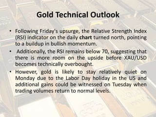 Gold Technical Outlook
• Following Friday's upsurge, the Relative Strength Index
(RSI) indicator on the daily chart turned north, pointing
to a buildup in bullish momentum.
• Additionally, the RSI remains below 70, suggesting that
there is more room on the upside before XAU/USD
becomes technically overbought.
• However, gold is likely to stay relatively quiet on
Monday due to the Labor Day holiday in the US and
additional gains could be witnessed on Tuesday when
trading volumes return to normal levels.
 