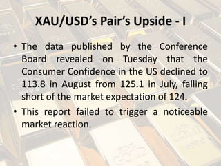 XAU/USD’s Pair’s Upside - I
• The data published by the Conference
Board revealed on Tuesday that the
Consumer Confidence in the US declined to
113.8 in August from 125.1 in July, falling
short of the market expectation of 124.
• This report failed to trigger a noticeable
market reaction.
 