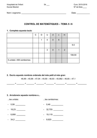  
Hospitalet de l’Infant                                          5è ___                                                 Curs: 2015­2016 
Escola Mestral                                                                                                               Nº de llista:____ 
 
Nom i cognoms: _________________________________________          Data: ____________ 
   
 
CONTROL DE MATEMÀTIQUES – TEMA 5 i 6 
  
1.​    ​Completa aquesta taula: 
   C  D  U  d  c  m    
      1  4  0  6       
                     6,5 
         3  0  1  2    
                     108,50 
5 unitats i 490 centèsimes                      
  
 
  
2.​    ​Escriu aquests nombres ordenats del més petit al més gran: 
46,99 – 45,98 – 47,04 – 45,90 – 46,93 – 45,982 – 46,85 – 47,1 
_______ < _______ < _______ < _______ < _______ < ________ < ________ < ________ 
  
 
3.​    ​Arrodoneix aquests nombres a... 
...les unitats:  ...les centèsimes: 
­  0,58: _________     ­  0,46: ___________    
­  18,23: ________     ­  32,755: _________    
­  6,890: ________     ­  19,119: _________    
­  34,2: _________     ­  8,620: __________    
  
 
 
