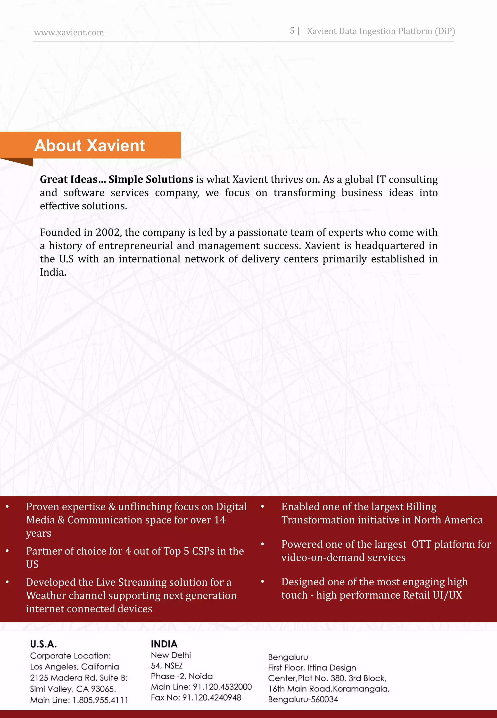www.xavient.com Xavient Data Ingestion Platform (DiP)5 |
Great Ideas… Simple Solutions is what Xavient thrives on. As a global IT consulting
and software services company, we focus on transforming business ideas into
effective solutions.
Founded in 2002, the company is led by a passionate team of experts who come with
a history of entrepreneurial and management success. Xavient is headquartered in
the U.S with an international network of delivery centers primarily established in
India.
About Xavient
• Enabled one of the largest Billing
Transformation initiative in North America
• Powered one of the largest OTT platform for
video-on-demand services
• Designed one of the most engaging high
touch - high performance Retail UI/UX
• Proven expertise & unflinching focus on Digital
Media & Communication space for over 14
years
• Partner of choice for 4 out of Top 5 CSPs in the
US
• Developed the Live Streaming solution for a
Weather channel supporting next generation
internet connected devices
 