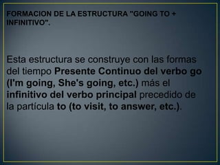 FORMACION DE LA ESTRUCTURA "GOING TO +
INFINITIVO".




Esta estructura se construye con las formas
del tiempo Presente Continuo del verbo go
(I'm going, She's going, etc.) más el
infinitivo del verbo principal precedido de
la partícula to (to visit, to answer, etc.).
 