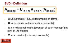 SVD - Definition

A[n x m] = U[n x r] Λ [ r x r] (V[m x r])T
▪ 

A: n x m matrix (e.g., n documents, m terms)

▪ 

U: n x r matrix (n documents, r concepts)

▪ 

▪ 

Λ: r x r diagonal matrix (strength of each ‘concept’) (r:
rank of the matrix)
V: m x r matrix (m terms, r concepts)

 