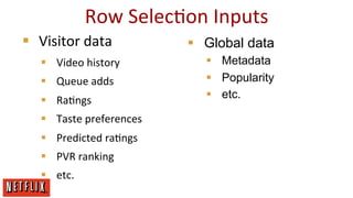 Row	
  SelecEon	
  Inputs	
  
§  Visitor	
  data	
  
§  Video	
  history	
  
§  Queue	
  adds	
  
§  RaEngs	
  
§  Taste	
  preferences	
  
§  Predicted	
  raEngs	
  
§  PVR	
  ranking	
  
§  etc.	
  

§  Global data
§  Metadata
§  Popularity
§  etc.

 