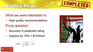 What we were interested in:
§  High quality recommendations

Proxy question:
§  Accuracy in predicted rating
§  Improve by 10% = $1million!

 