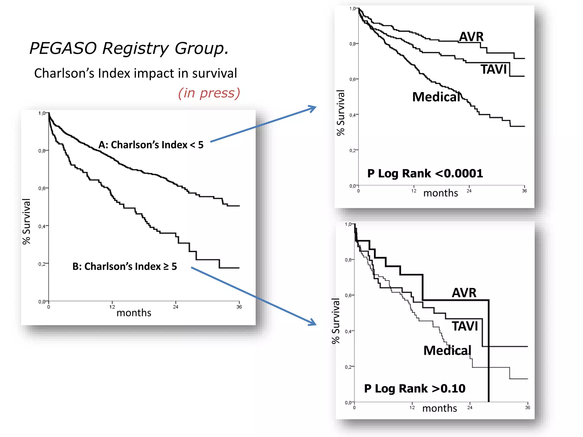 A: Charlson’s Index < 5
B: Charlson’s Index ≥ 5
%Survival
months
AVR
TAVI
Medical
%Survival
months
P Log Rank >0.10
AVR
TAVI
Medical
%Survival
months
P Log Rank <0.0001
PEGASO Registry Group.
Charlson’s Index impact in survival
(in press)
 
