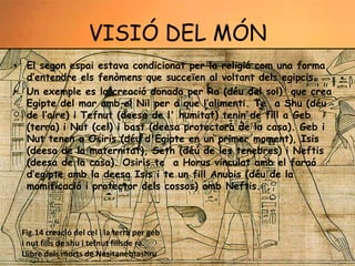 VISIÓ DEL MÓN
• El segon espai estava condicionat per la religió com una forma
d’entendre els fenòmens que succeïen al voltant dels egipcis.
• Un exemple es la creació donada per Ra (déu del sol) que crea
Egipte del mar amb el Nil per a que l’alimenti. Te a Shu (déu
de l’aire) i Tefnut (deesa de l' humitat) tenin de fill a Geb
(terra) i Nut (cel) i bast (deesa protectora de la casa). Geb i
Nut tenen a Osiris (déu d'Egipte en un primer moment), Isis
(deesa de la maternitat), Seth (déú de les tenebres) i Neftis
(deesa de la casa). Osiris te a Horus vinculat amb el faraó
d’egipte amb la deesa Isis i te un fill Anubis (déu de la
momificació i protector dels cossos) amb Neftis.

Fig.14 creació del cel i la terra per geb
i nut fills de shu i tefnut fillsde ra.
Llibre dels morts de Nesitanebtashru

 