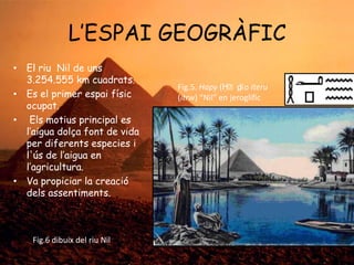 L’ESPAI GEOGRÀFIC
• El riu Nil de uns
3.254.555 km cuadrats.
• Es el primer espai físic
ocupat.
• Els motius principal es
l’aigua dolça font de vida
per diferents especies i
l'ús de l’aigua en
l’agricultura.
• Va propiciar la creació
dels assentiments.

Fig.6 dibuix del riu Nil

Fig.5. Hapy (Ḥˁpī o Iteru
)
(itrw) “Nil” en jeroglific

 