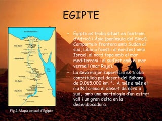 EGIPTE
• Egipte es troba situat en l‟extrem
d‟Africà i Àsia (península del Sinaí).
Comparteix frontera amb Sudan al
sud, Líbia a l‟oest i al nord‟est amb
Israel, al nord topa amb el mar
mediterrani i al sud‟est amb el mar
vermell (mar Rojo).
• La seva major superfície es troba
constituïda pel desert del Sàhara
de 9.065.000 km ². A més a més el
riu Nil creua el desert de nord a
sud, amb una morfologia d‟un estret
vall i un gran delta en la
desembocadura.
Fig.1 Mapa actual d’Egipte

 
