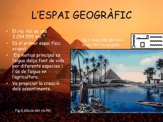L‟ESPAI GEOGRÀFIC
• El riu Nil de uns
3.254.555 km ².
• Es el primer espai físic
ocupat.
• Els motius principal es
l‟aigua dolça font de vida
per diferents especies i
l'ús de l‟aigua en
l‟agricultura.
• Va propiciar la creació
dels assentiments.

Fig.6 dibuix del riu Nil

Fig.5. Hapy (Ḥˁpī o Iteru
)
(itrw) “Nil” en jeroglífic

 