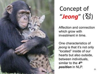 Concept of
“Jeong” (정)
Affection and connection
which grow with
investment in time.

One characteristics of
jeong is that it’s not only
“located” inside of our
hearts but also outside,
between individuals,
similar to the 4th
position in NLP.
                              25
 