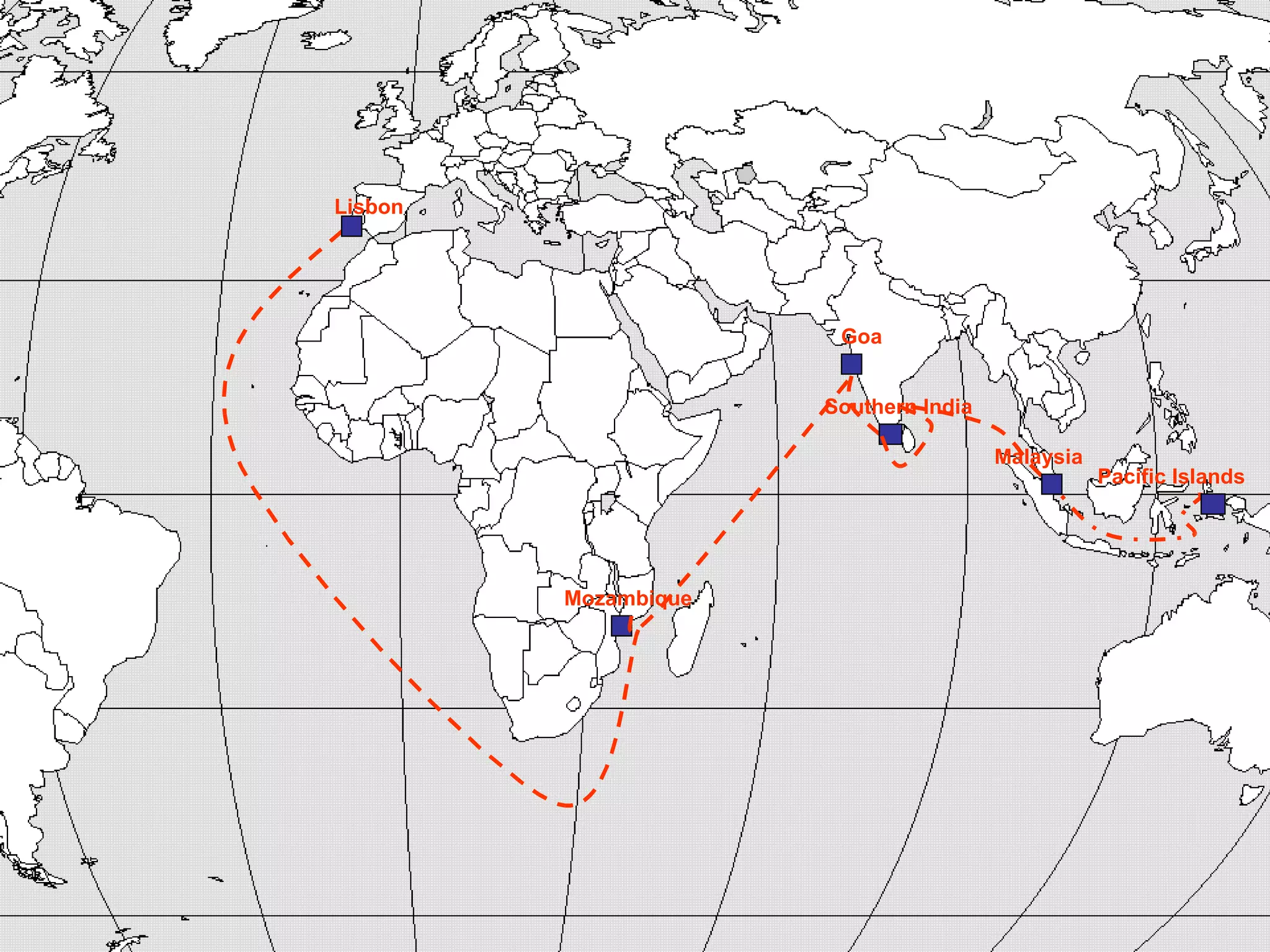 Lisbon Mozambique Goa Southern India Malaysia Pacific Islands 