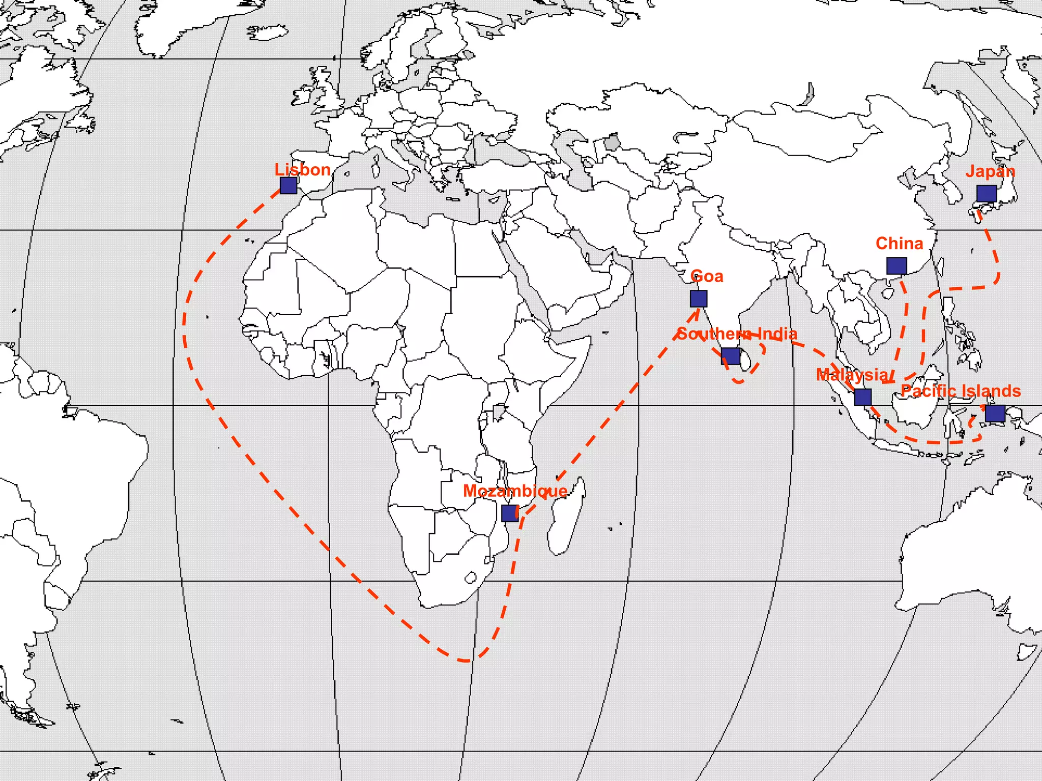 Lisbon Mozambique Goa Southern India Malaysia Pacific Islands Japan China 