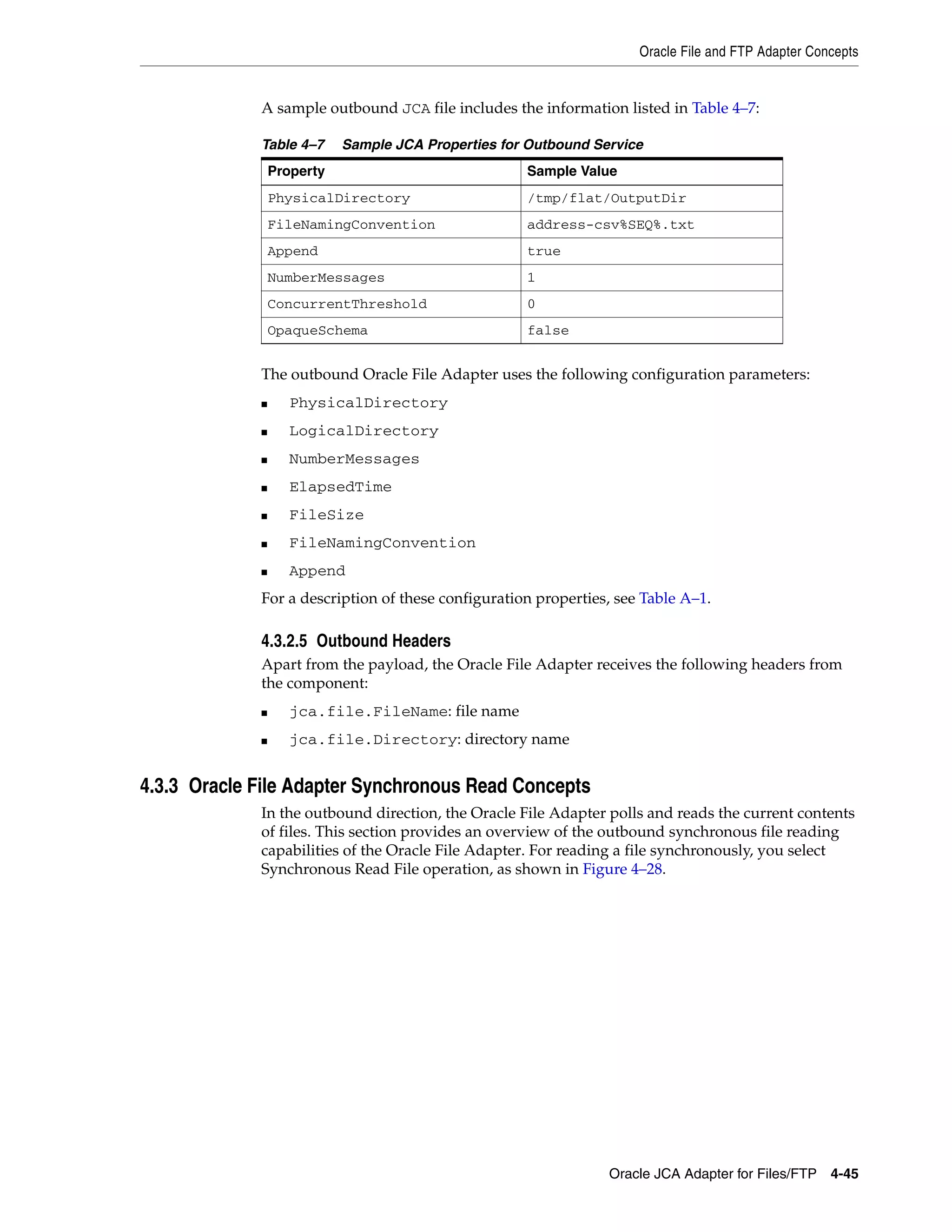 Oracle File and FTP Adapter Concepts
Oracle JCA Adapter for Files/FTP 4-45
A sample outbound JCA file includes the information listed in Table 4–7:
The outbound Oracle File Adapter uses the following configuration parameters:
■ PhysicalDirectory
■ LogicalDirectory
■ NumberMessages
■ ElapsedTime
■ FileSize
■ FileNamingConvention
■ Append
For a description of these configuration properties, see Table A–1.
4.3.2.5 Outbound Headers
Apart from the payload, the Oracle File Adapter receives the following headers from
the component:
■ jca.file.FileName: file name
■ jca.file.Directory: directory name
4.3.3 Oracle File Adapter Synchronous Read Concepts
In the outbound direction, the Oracle File Adapter polls and reads the current contents
of files. This section provides an overview of the outbound synchronous file reading
capabilities of the Oracle File Adapter. For reading a file synchronously, you select
Synchronous Read File operation, as shown in Figure 4–28.
Table 4–7 Sample JCA Properties for Outbound Service
Property Sample Value
PhysicalDirectory /tmp/flat/OutputDir
FileNamingConvention address-csv%SEQ%.txt
Append true
NumberMessages 1
ConcurrentThreshold 0
OpaqueSchema false
 