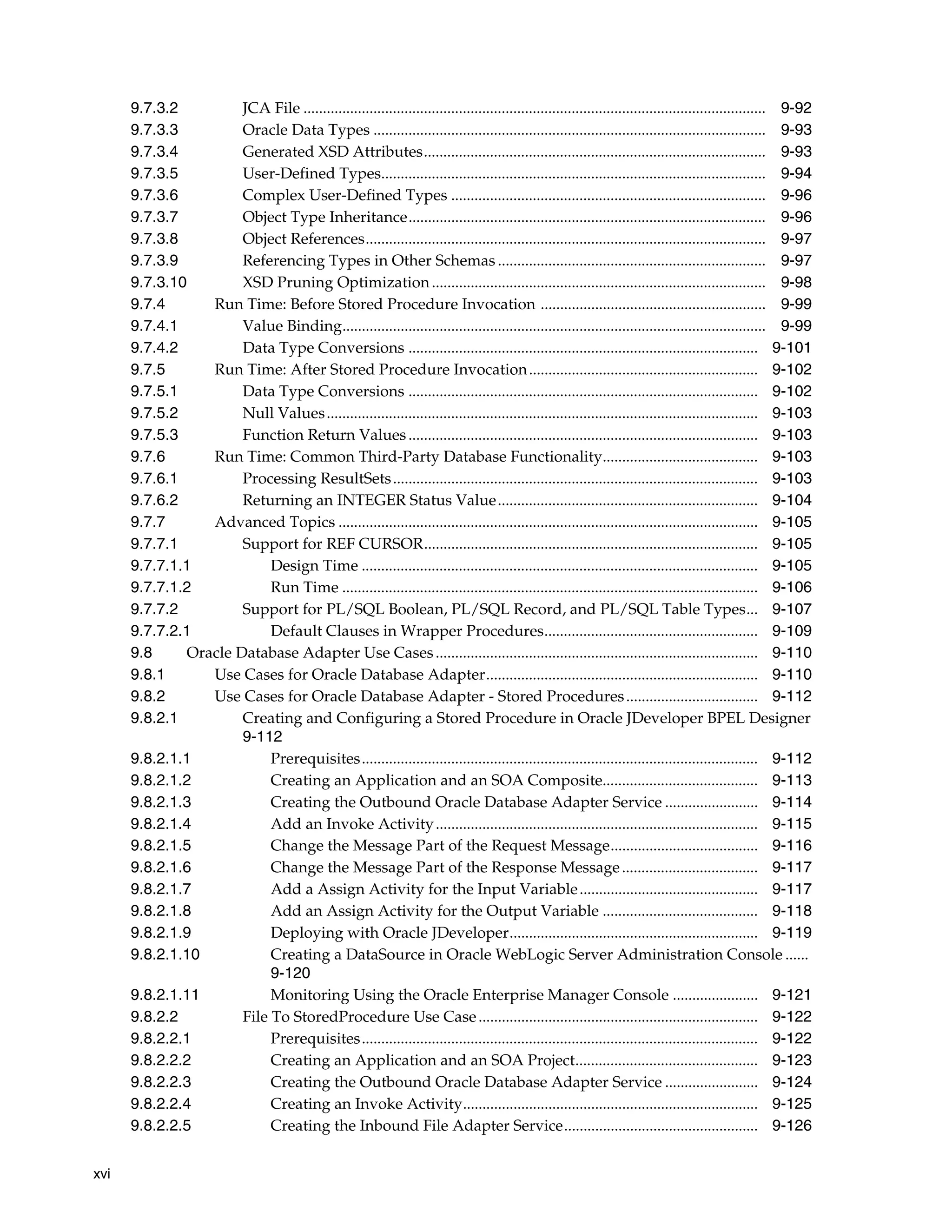 xvi
9.7.3.2 JCA File ....................................................................................................................... 9-92
9.7.3.3 Oracle Data Types ..................................................................................................... 9-93
9.7.3.4 Generated XSD Attributes........................................................................................ 9-93
9.7.3.5 User-Defined Types................................................................................................... 9-94
9.7.3.6 Complex User-Defined Types ................................................................................. 9-96
9.7.3.7 Object Type Inheritance............................................................................................ 9-96
9.7.3.8 Object References....................................................................................................... 9-97
9.7.3.9 Referencing Types in Other Schemas ..................................................................... 9-97
9.7.3.10 XSD Pruning Optimization...................................................................................... 9-98
9.7.4 Run Time: Before Stored Procedure Invocation .......................................................... 9-99
9.7.4.1 Value Binding............................................................................................................. 9-99
9.7.4.2 Data Type Conversions .......................................................................................... 9-101
9.7.5 Run Time: After Stored Procedure Invocation........................................................... 9-102
9.7.5.1 Data Type Conversions .......................................................................................... 9-102
9.7.5.2 Null Values............................................................................................................... 9-103
9.7.5.3 Function Return Values.......................................................................................... 9-103
9.7.6 Run Time: Common Third-Party Database Functionality........................................ 9-103
9.7.6.1 Processing ResultSets.............................................................................................. 9-103
9.7.6.2 Returning an INTEGER Status Value................................................................... 9-104
9.7.7 Advanced Topics ............................................................................................................ 9-105
9.7.7.1 Support for REF CURSOR...................................................................................... 9-105
9.7.7.1.1 Design Time ...................................................................................................... 9-105
9.7.7.1.2 Run Time ........................................................................................................... 9-106
9.7.7.2 Support for PL/SQL Boolean, PL/SQL Record, and PL/SQL Table Types... 9-107
9.7.7.2.1 Default Clauses in Wrapper Procedures....................................................... 9-109
9.8 Oracle Database Adapter Use Cases................................................................................... 9-110
9.8.1 Use Cases for Oracle Database Adapter...................................................................... 9-110
9.8.2 Use Cases for Oracle Database Adapter - Stored Procedures.................................. 9-112
9.8.2.1 Creating and Configuring a Stored Procedure in Oracle JDeveloper BPEL Designer
9-112
9.8.2.1.1 Prerequisites...................................................................................................... 9-112
9.8.2.1.2 Creating an Application and an SOA Composite........................................ 9-113
9.8.2.1.3 Creating the Outbound Oracle Database Adapter Service ........................ 9-114
9.8.2.1.4 Add an Invoke Activity................................................................................... 9-115
9.8.2.1.5 Change the Message Part of the Request Message...................................... 9-116
9.8.2.1.6 Change the Message Part of the Response Message................................... 9-117
9.8.2.1.7 Add a Assign Activity for the Input Variable.............................................. 9-117
9.8.2.1.8 Add an Assign Activity for the Output Variable ........................................ 9-118
9.8.2.1.9 Deploying with Oracle JDeveloper................................................................ 9-119
9.8.2.1.10 Creating a DataSource in Oracle WebLogic Server Administration Console ......
9-120
9.8.2.1.11 Monitoring Using the Oracle Enterprise Manager Console ...................... 9-121
9.8.2.2 File To StoredProcedure Use Case........................................................................ 9-122
9.8.2.2.1 Prerequisites...................................................................................................... 9-122
9.8.2.2.2 Creating an Application and an SOA Project............................................... 9-123
9.8.2.2.3 Creating the Outbound Oracle Database Adapter Service ........................ 9-124
9.8.2.2.4 Creating an Invoke Activity............................................................................ 9-125
9.8.2.2.5 Creating the Inbound File Adapter Service.................................................. 9-126
 