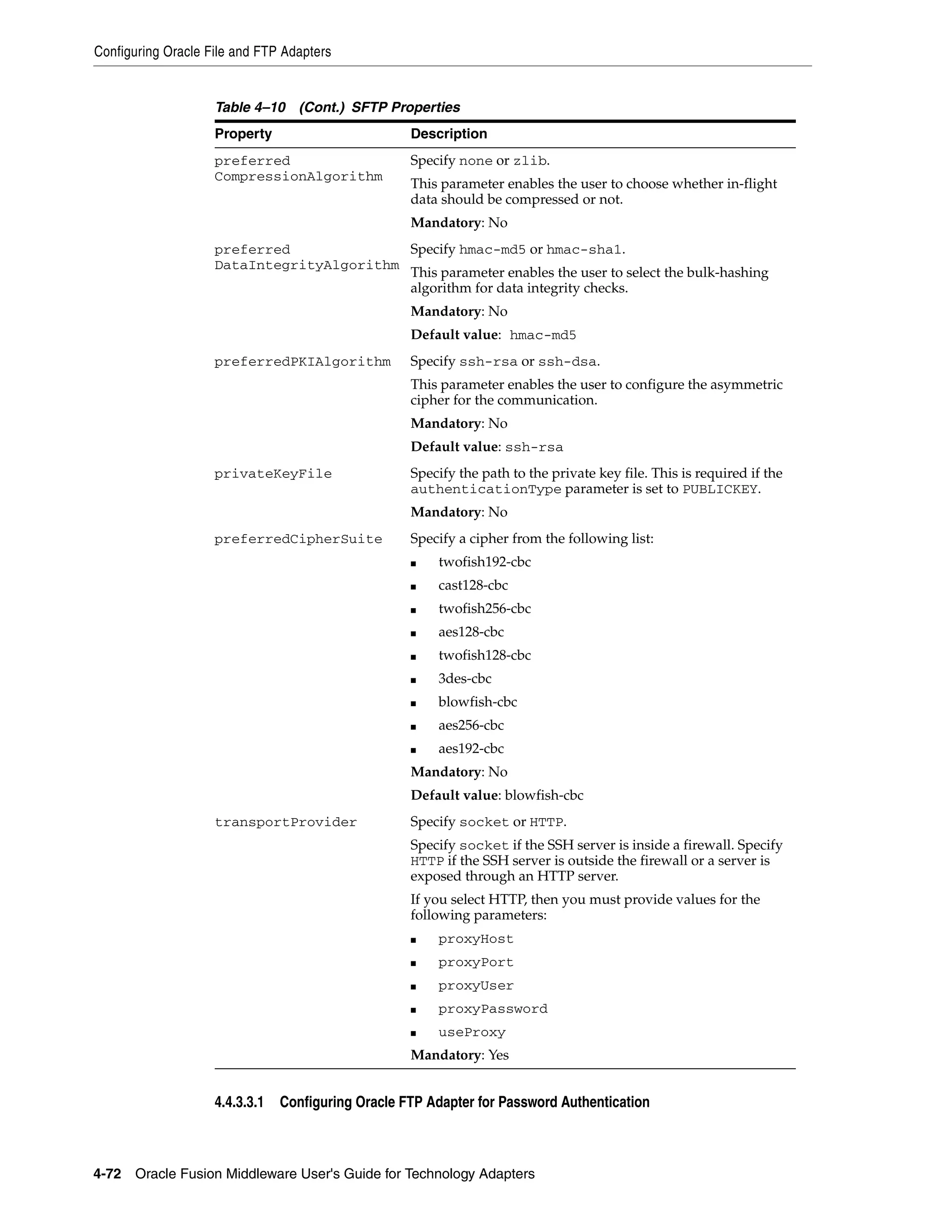 Configuring Oracle File and FTP Adapters
4-72 Oracle Fusion Middleware User's Guide for Technology Adapters
4.4.3.3.1 Configuring Oracle FTP Adapter for Password Authentication
preferred
CompressionAlgorithm
Specify none or zlib.
This parameter enables the user to choose whether in-flight
data should be compressed or not.
Mandatory: No
preferred
DataIntegrityAlgorithm
Specify hmac-md5 or hmac-sha1.
This parameter enables the user to select the bulk-hashing
algorithm for data integrity checks.
Mandatory: No
Default value: hmac-md5
preferredPKIAlgorithm Specify ssh-rsa or ssh-dsa.
This parameter enables the user to configure the asymmetric
cipher for the communication.
Mandatory: No
Default value: ssh-rsa
privateKeyFile Specify the path to the private key file. This is required if the
authenticationType parameter is set to PUBLICKEY.
Mandatory: No
preferredCipherSuite Specify a cipher from the following list:
■ twofish192-cbc
■ cast128-cbc
■ twofish256-cbc
■ aes128-cbc
■ twofish128-cbc
■ 3des-cbc
■ blowfish-cbc
■ aes256-cbc
■ aes192-cbc
Mandatory: No
Default value: blowfish-cbc
transportProvider Specify socket or HTTP.
Specify socket if the SSH server is inside a firewall. Specify
HTTP if the SSH server is outside the firewall or a server is
exposed through an HTTP server.
If you select HTTP, then you must provide values for the
following parameters:
■ proxyHost
■ proxyPort
■ proxyUser
■ proxyPassword
■ useProxy
Mandatory: Yes
Table 4–10 (Cont.) SFTP Properties
Property Description
 